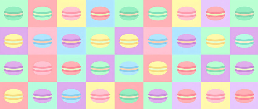 Colorful macaron dessert grid pattern background illustration in flat pastel style