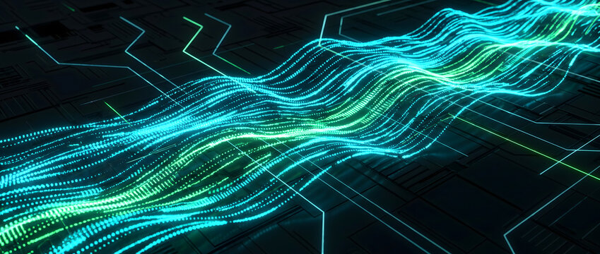 Blue and green glowing particle streams flowing as futuristic tech circuit background