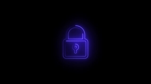 Lock icon neon glowing animation on black background. Digital security glow effect. 4k motion protection encryption privacy technology with black background concept. 