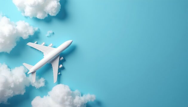 White airplane model flies in sky above clouds. Concept for travel tourism vacation and air transport with copy space. Simple plane journey.