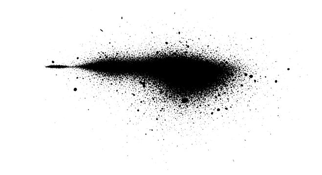 Ink blot stain graphic with splatter particles, smoky texture and high contrast design element on white background
