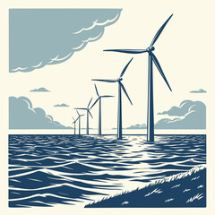 Offshore wind turbines in the ocean vector illustration with stylized waves © aaa