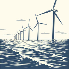 Offshore wind turbines in the ocean vector illustration in blue tones © aaa