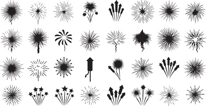 Fireworks and rocket explosion silhouette icon set