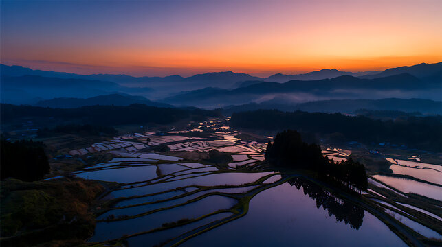 Dramatic Aerial View of Terraced Fields Reflecting Vibrant Dawn Sky, Mountainous Landscape at Blue Hour, Tranquil Rural Water Features