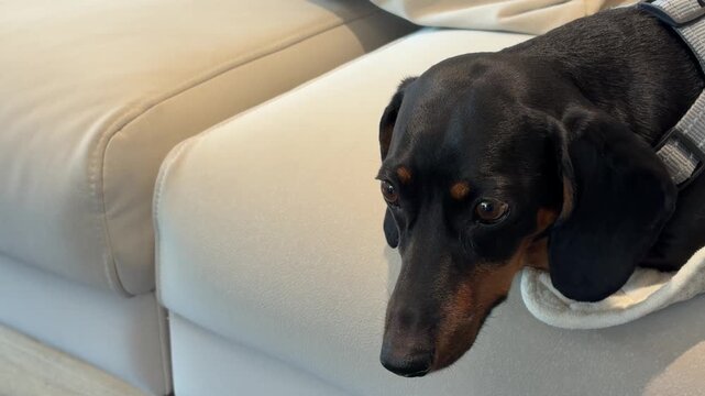 Cute dachshund lying on a couch with its head resting sadly on the cushion while waiting