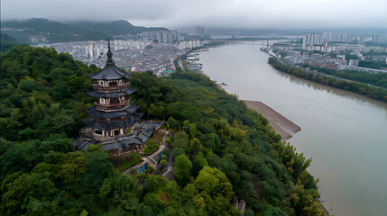 Fototapeta premium A view of traditional architecture featuring ancient villages nestled among lush green trees in the scenic mountains of Northeast Jiangxi in China
