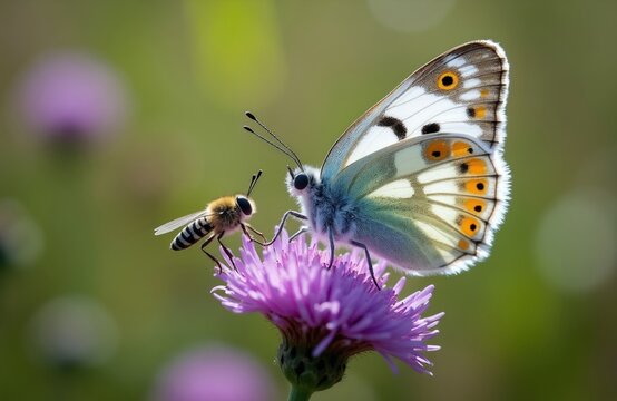 A bee and a butterfly rest on a purple flower in a sunny field. The insects share a bloom, highlighting nature delicate balance. This macro shot shows intricate details on their wings and bodies.