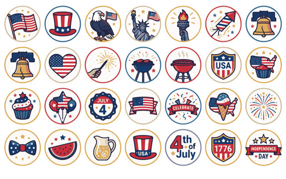 4th of July Patriotic Icons Pack with American Flag Fireworks Stars and Celebration Symbols Vector Illustration