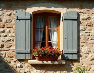 Obraz premium Rustic French country window with grey shutters and blooming flowers. Stone wall exterior shows classic village architecture. Warm sunlight casts shadows on charming home.