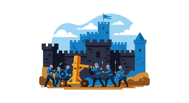 Medieval soldiers with a catapult.