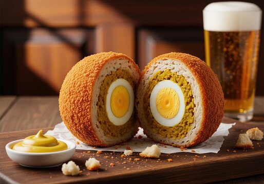 Deep fried egg ball snack cut in half with curry ragout filling on wooden board with mustard