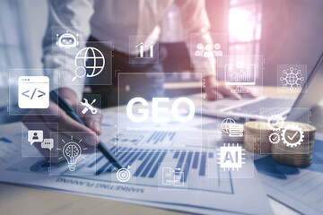 Naklejka premium Digital marketing concept featuring GEO strategy, optimizing content for AI search engines and large language models. Evolution of SEO, brand authority, and AI citation visibility. Corpus