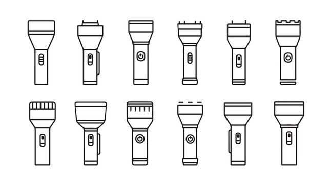 Collection of diverse flashlight icons in a linear arrangement against a white background