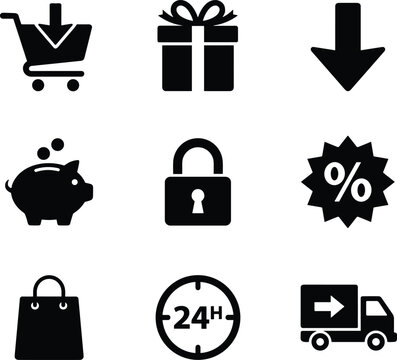E-Commerce Shopping Icon Set with Cart, Gift, Piggy Bank, Lock, Discount, Bag, Delivery Truck, and 24H Service Symbols