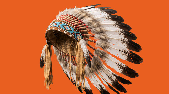 Traditional Native American feathered headdress isolated on a solid orange background. Tribal chief war bonnet with intricate beadwork and leather fringes. Indigenous culture and heritage concept