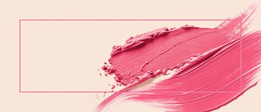 Tache de rouge &agrave; l&egrave;vres rose et coup de pinceau dans un cadre sur fond beige, mod&egrave;le de banni&egrave;re beaut&eacute; avec espace texte