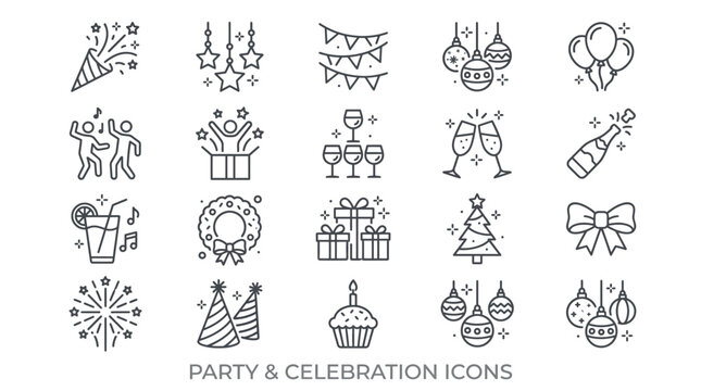 Party line icon set. Included icons as celebrate, celebration, dancing, music, congrats and more.