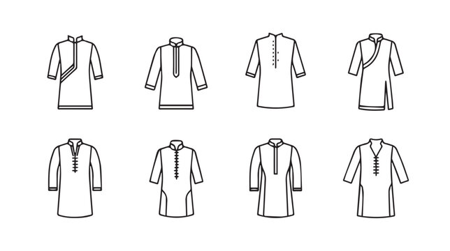 Collection of Indian kurta shirt outlines with diverse collar styles on white background