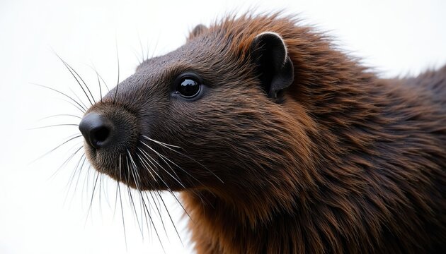 Nutria rodent with long whiskers. Furry brown mammal face close up. Cute wild animal portrait with dark eye and ear. Isolated on white background.