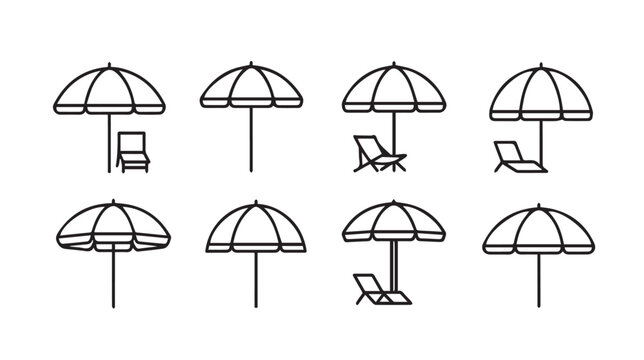 Collection of minimalist beach umbrella and chair icons in a clean outline style