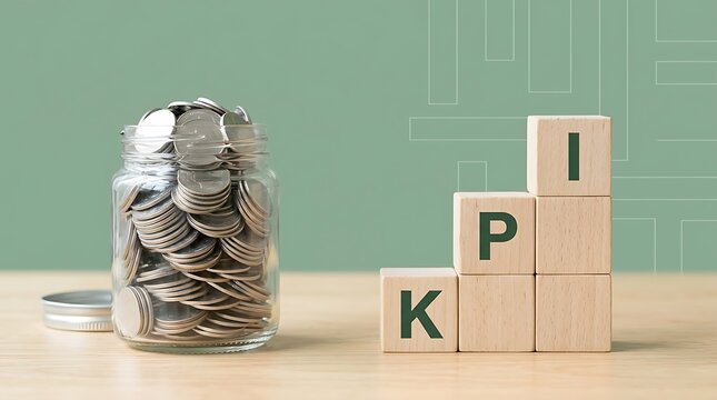 Glass jar with coins and wooden blocks on a table