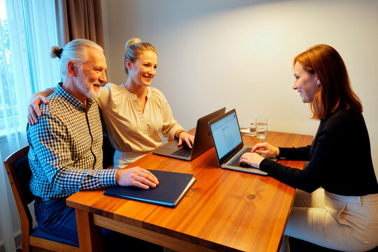 Senior man and middle aged woman meeting female advisor, reviewing laptop information and discussing finances. Useful for retirement planning or insurance marketing