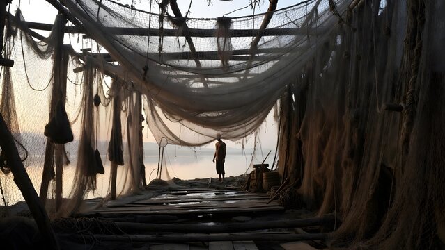 A biblical fisherman standing motionless beneath an empty net suspended from wooden beams, a quiet shoreline shelter with coiled tools, damp planks, and an unseen lake just beyond the opening, cool da