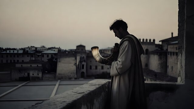 A biblical herald standing on a city parapet with a ram&rsquo;s horn held against his chest instead of raised to his lips, fortified walls, distant rooftops, and a silent square below reinforcing the burden