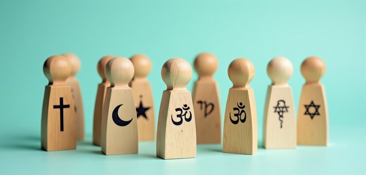 Wooden figures show symbols of Christianity Islam Hinduism Buddhism Judaism faith. Diverse people group unite with religious signs. Unity and respect concept.