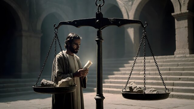 A biblical man standing before a large ancient balance scale with one side lowered by rough stones and the other side holding a small rolled scripture, a dim judicial courtyard with worn steps and sil