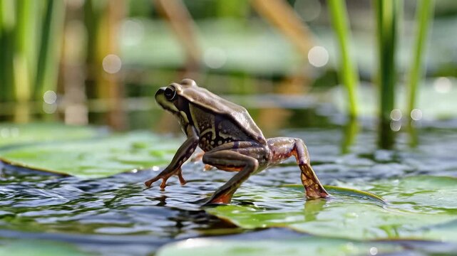 Frog Jumps into Water Lily Pond Capturing Splash Action.