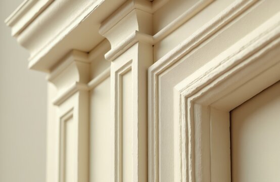 Close-up of ornate beige door trim. Detailed woodwork shows classic interior design with layered moldings and precise joinery. Elegant home feature provides upscale aesthetic.