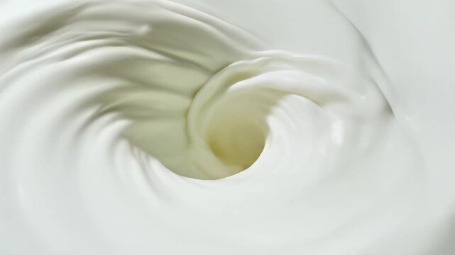Close up of white liquid swirling in a vortex motion.