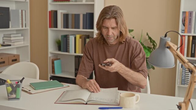 Man flips a page with one hand while holding a smartphone and a notebook on a desk in a studio filled with books and a lamp; quiet concentration.