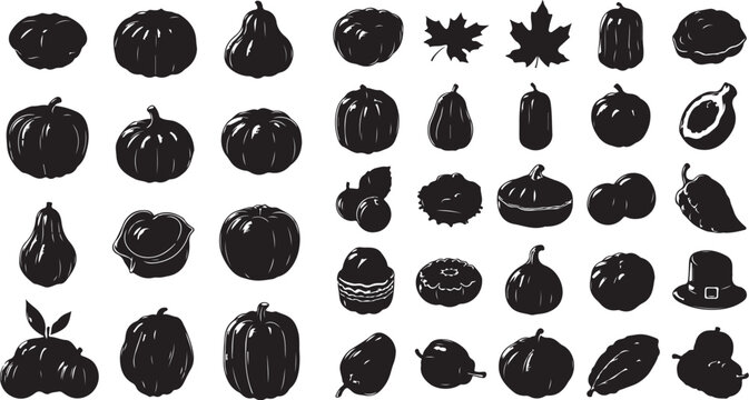 Autumn harvest vegetable silhouette icon set with vegetable