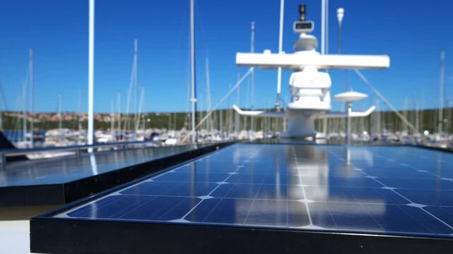 Close up horizontal video of clean solar panels installed on a yacht in a sunny marina, capturing renewable energy with boats and blue sky in background.