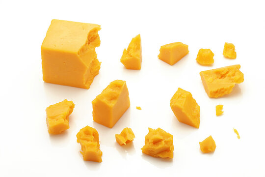 Broken Chunks of Orange Cheddar Cheese on white background
