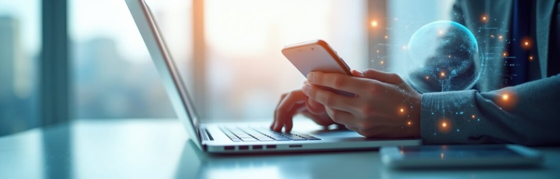 Person uses phone and laptop with digital globe overlay. Shows global network connection and data flow. Modern tech background implies online business and communication across the world.