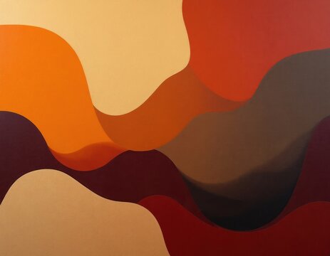 Abstract composition featuring layered wavy shapes. Warm earthy tones like orange, brown, and red blend smoothly creating depth. Modern graphic art ideal for jazz album covers.