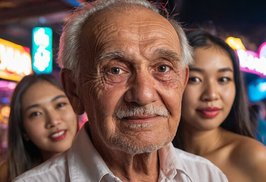 a caucasian older man and two adult asian women