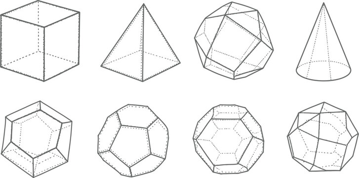 A collection of various black and white line art geometric shapes including cubes pyramids cones and complex polyhedrons isolated on a clean white background surface.
