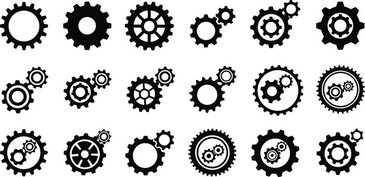 Comprehensive Collection of Gear and Cogwheel Vector Icons Representing Mechanical Engineering, Industrial Machinery, Teamwork, and Settings Configurations for Technical and Business Graphic Designs