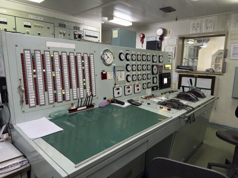 ship engine control room panel central control console, telegraph, communication, manometers, tachometers, prevention pollution equipment. engine cockpit 