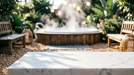 Obraz premium Outdoor Hot Tub with Wooden Benches and Garden Greenery for Relaxation Concept