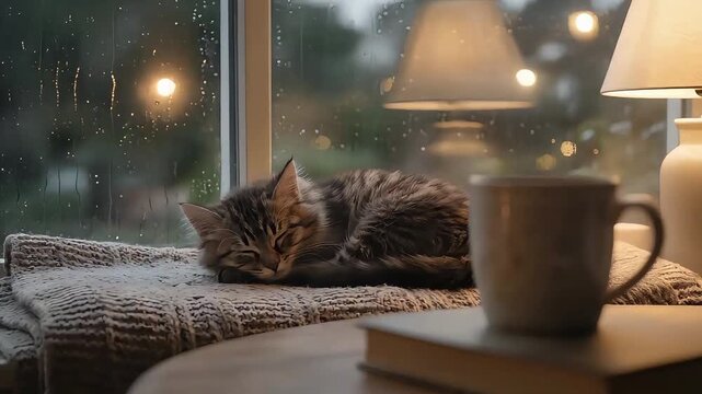 A cozy scene of a small, fluffy tabby kitten sleeping peacefully on a blanket by a rainy window, with warm lamps illuminating the room