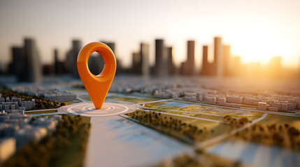 Fototapeta premium Orange location pin with ring on a stylized city map with blurred cityscape background at sunset, concept for navigation, travel, and urban exploration