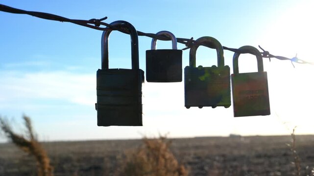 a collection of padlocks hanging from a wire fence, commonly known as a "love lock" installation.