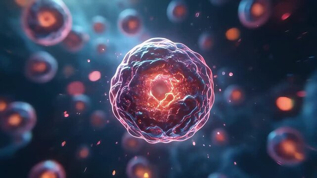 A luminous, detailed visualization of a cell surrounded by smaller cells in a dark, dynamic environment, highlighting cellular complexity and energy