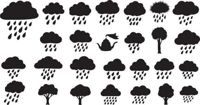 Rainy weather clouds and trees silhouette icon set